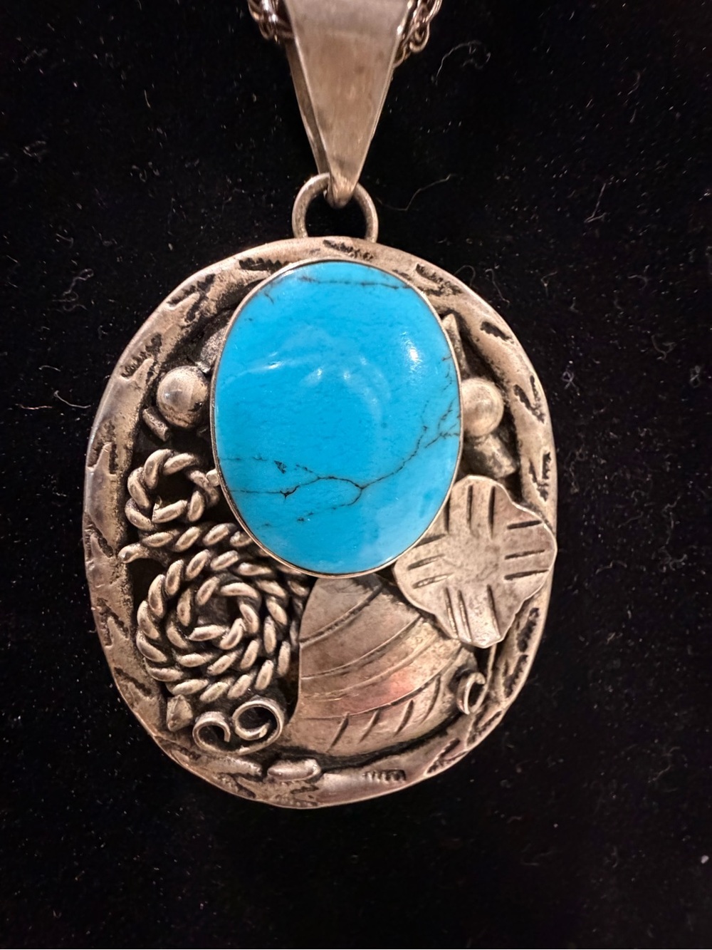 Vintage Signed Navajo James Kee Sterling Silver Turquoise Necklace 2.5x2"-22.8g